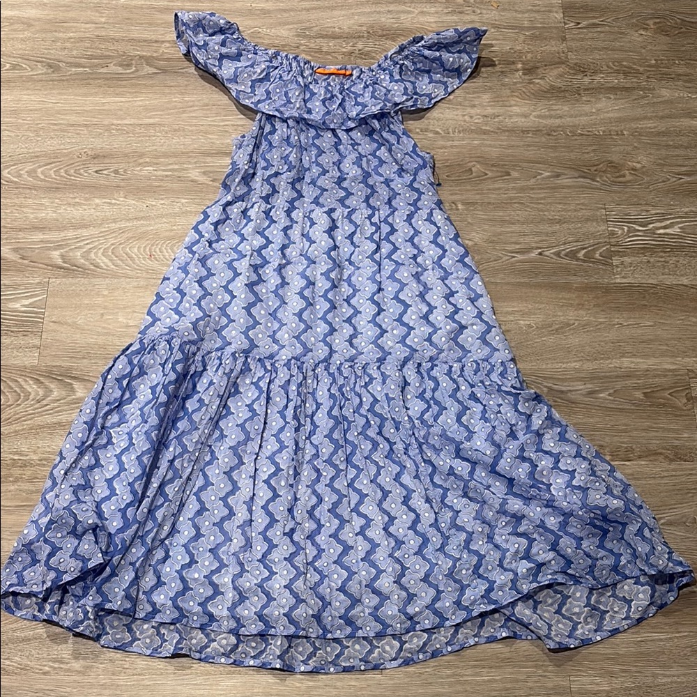 OLIPHANT Blue Ruffled Tiered Off-the-Shoulder Maxi Sundress